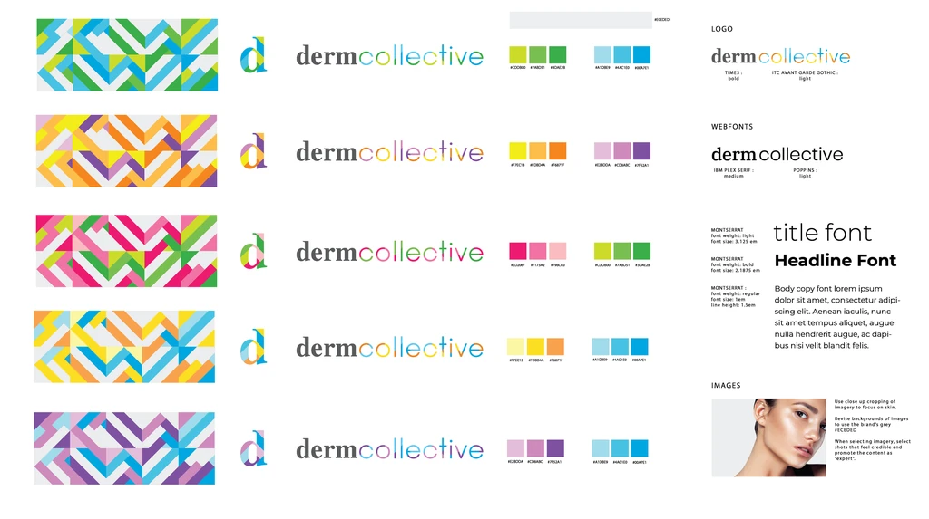 DermCollective style guide: five colorful geometric pattern versions of the logo, color swatches, type, and imagery.