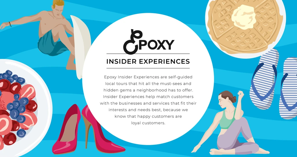 Epoxy Insider Experiences illustration: a surfer, waffles, berries, flip-flops, and heels around a circular badge.