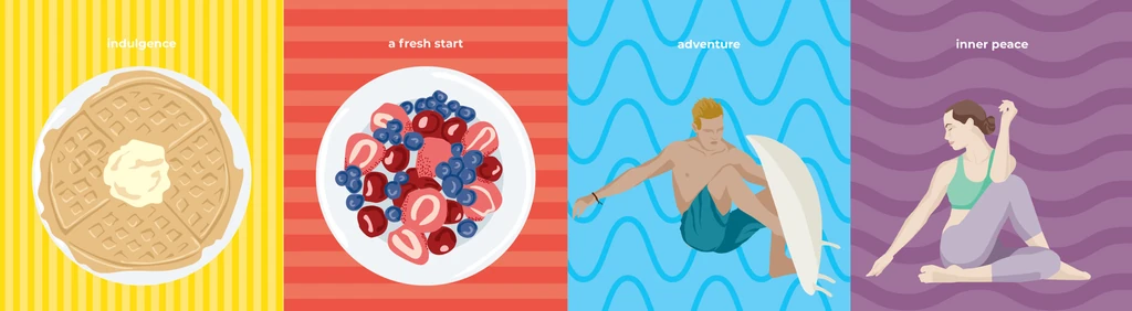 Four illustrated panels on bold patterned backgrounds: waffles, fresh berries, a surfer, and a person in a yoga pose.