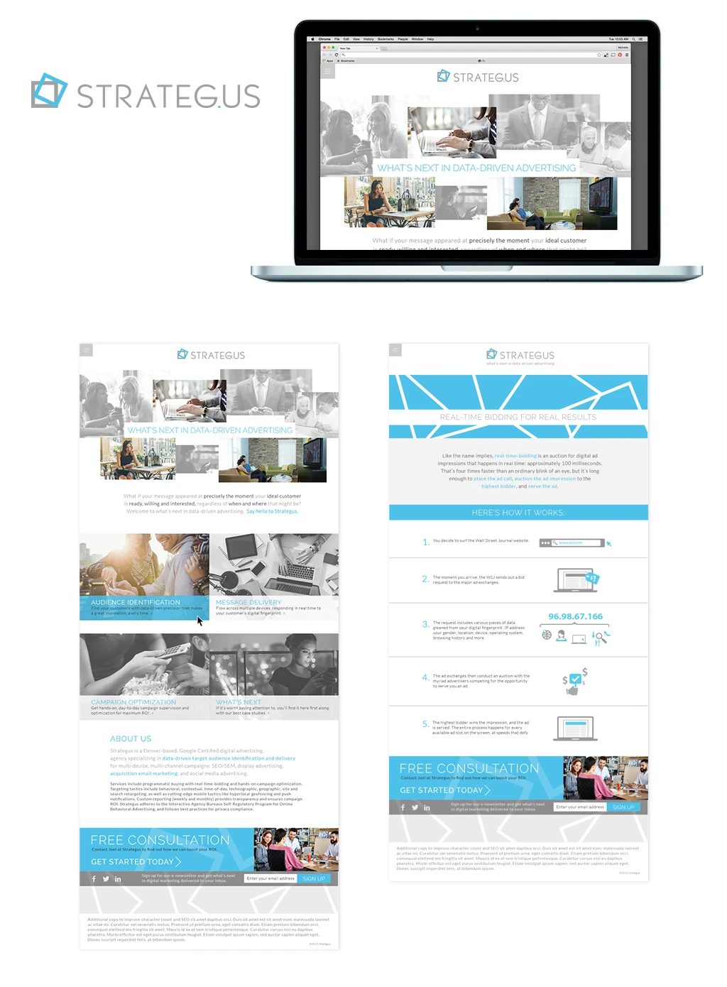 The Strategus identity on a website shown on a laptop, with two long page layouts.
