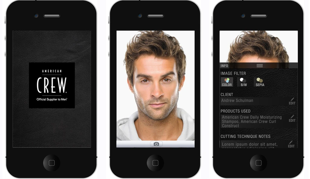 Three phone screens of the stylist app: the American Crew splash screen, a client photo, and client notes with products used and technique.
