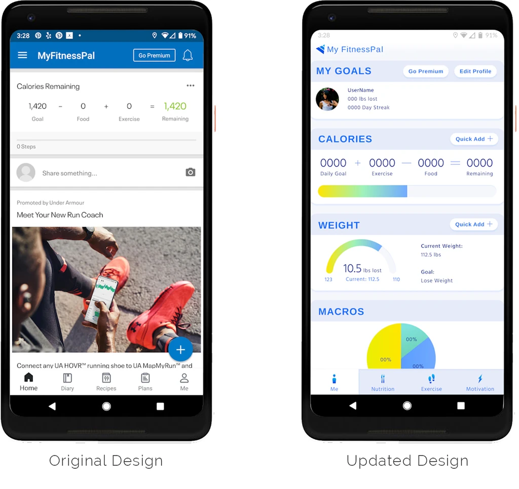 Original and updated MyFitnessPal home screens side by side; the update groups goals, calories, weight, and macros into tiles.