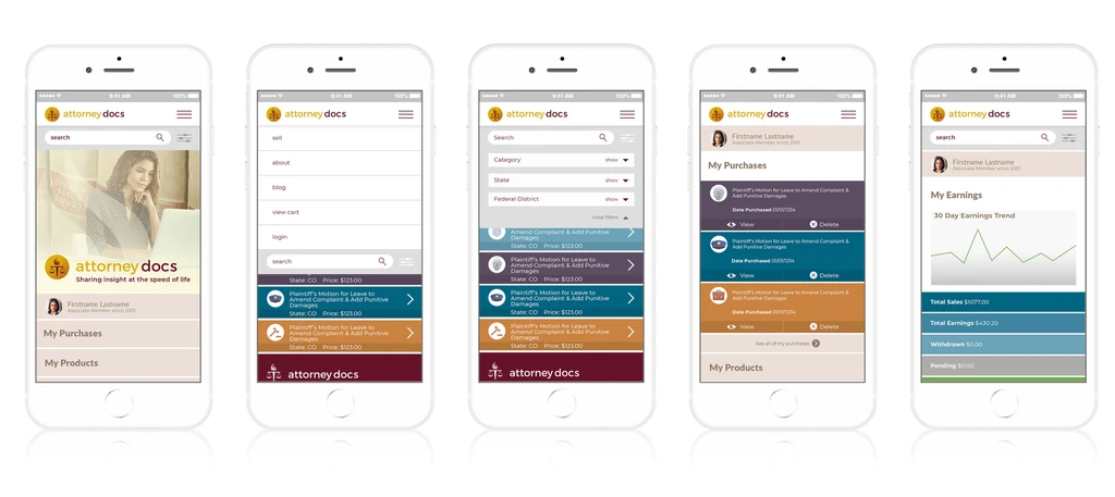 Five phone screens of the AttorneyDocs mobile site: home, search, filters, purchases, and products.
