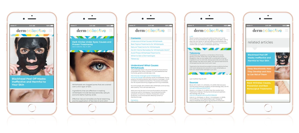 Five phone screens of the DermCollective site with articles, patterns, and color blocks.
