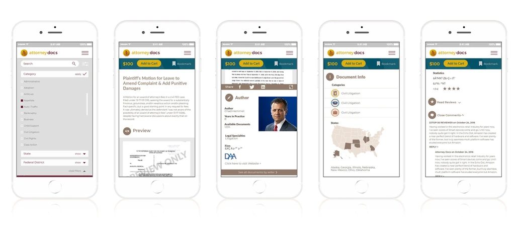 Five phone screens of AttorneyDocs document details, author profiles, and contributor pages.