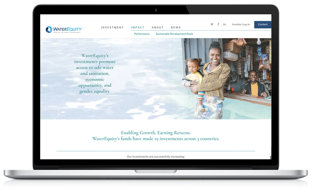 The WaterEquity website on a laptop, leading with investments that promote access to safe water.