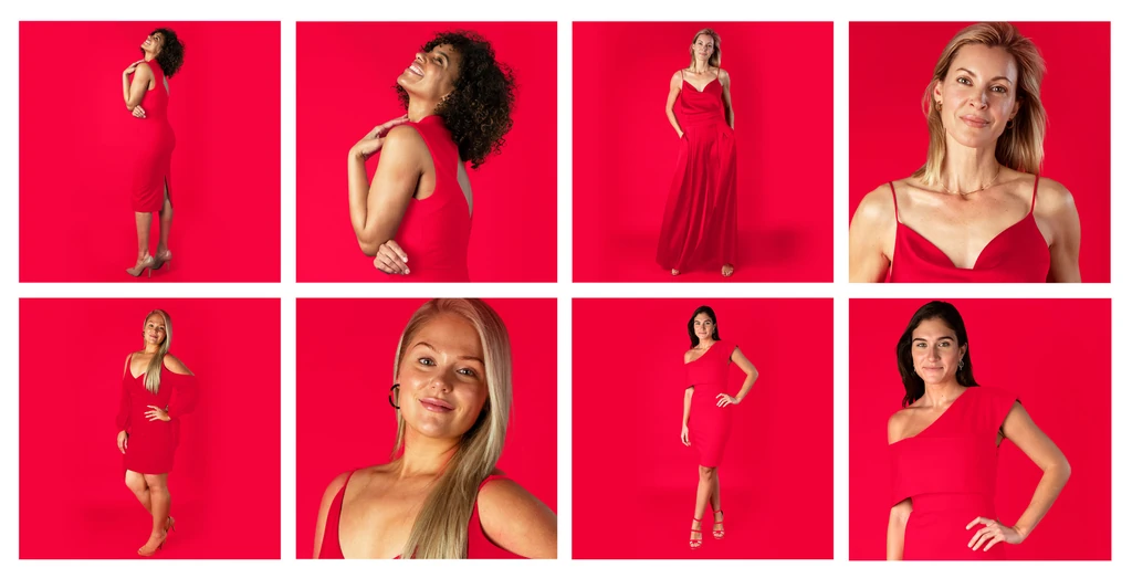 Eight portraits of models in red dresses against a red backdrop.