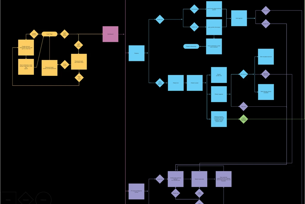 Physical therapist flow chart with branching decisions for setting up and adjusting patient regimens.
