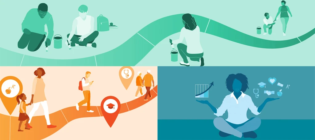 RootCause illustrations: people planting a garden, a family on a path with map pins, and a person meditating among icons.