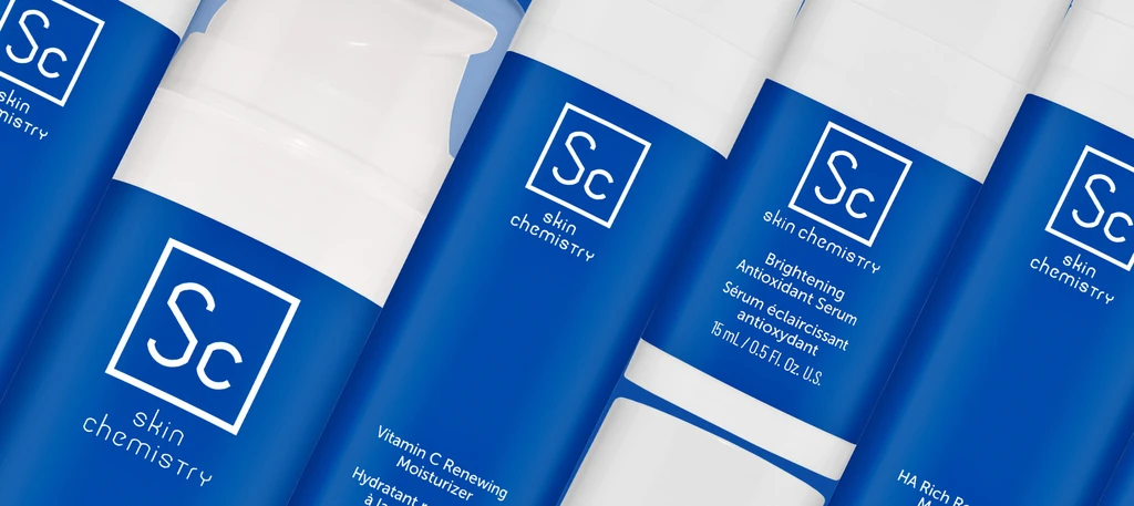Blue Skin Chemistry bottles with the Sc monogram.