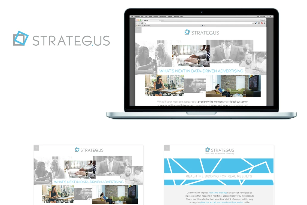 The Strategus identity on a website shown on a laptop, with two long page layouts.