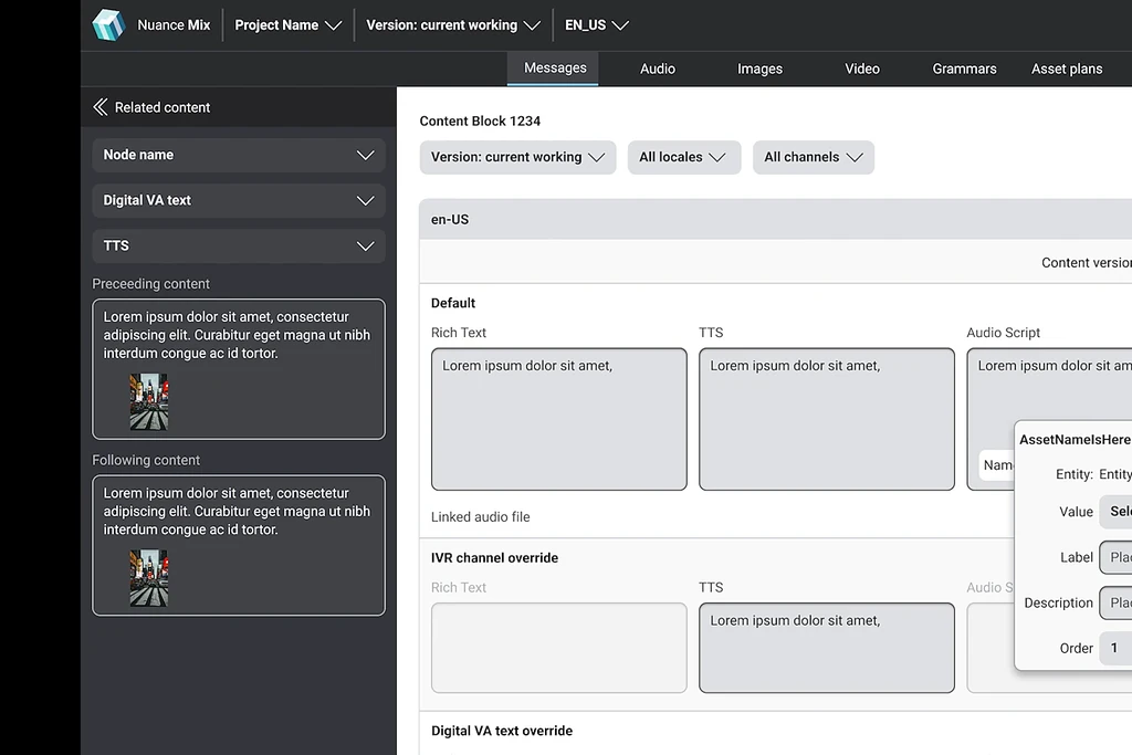 CMS MVP: editing a content block with channel and locale variants, rich text, TTS, and audio.
