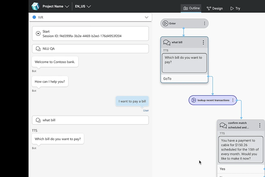 Mix outline mode: a test conversation beside the generated flow of question and message nodes.