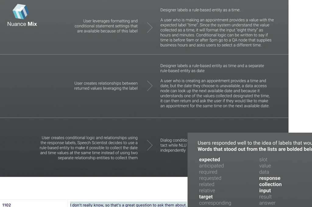 Concept slides explaining how users label rule-based entities, with participant reactions.