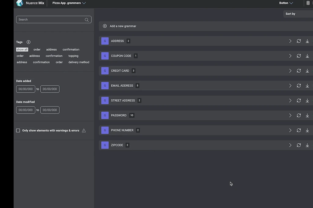 Grammar library: grammars with tags, filters, and status icons.