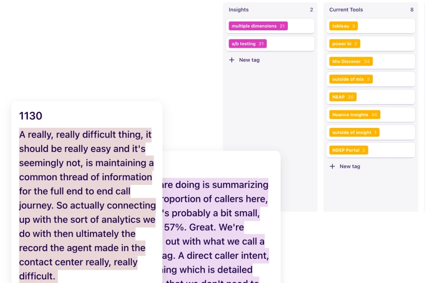 A tagged interview excerpt beside Dovetail tag columns for insights, current tools, and evaluative dimensions.