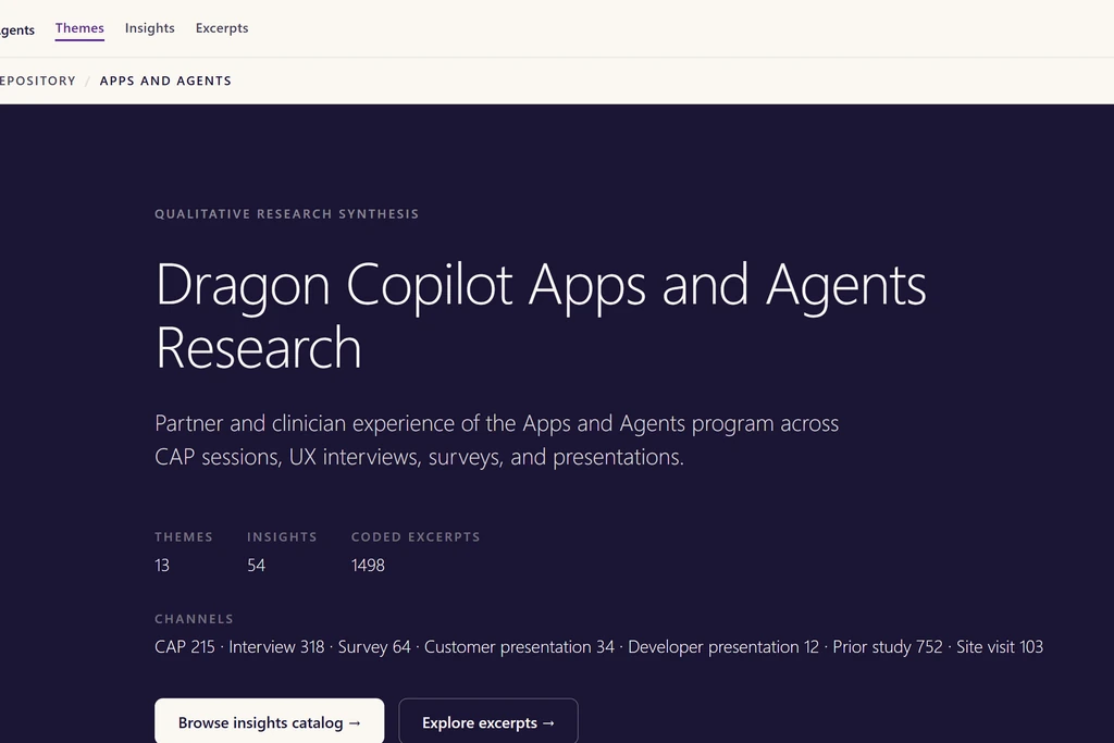 Dragon Copilot Apps and Agents research: 13 themes, 54 insights, and 1,498 coded excerpts across CAP sessions, interviews, surveys, and presentations.