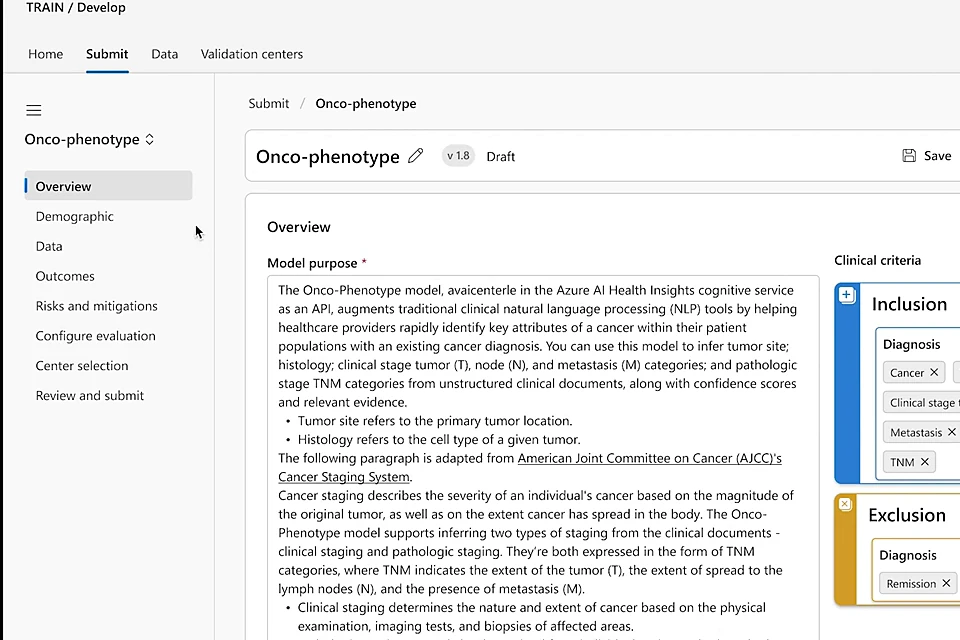 TRAIN concept: the Onco-phenotype model overview with model purpose and clinical inclusion and exclusion criteria.